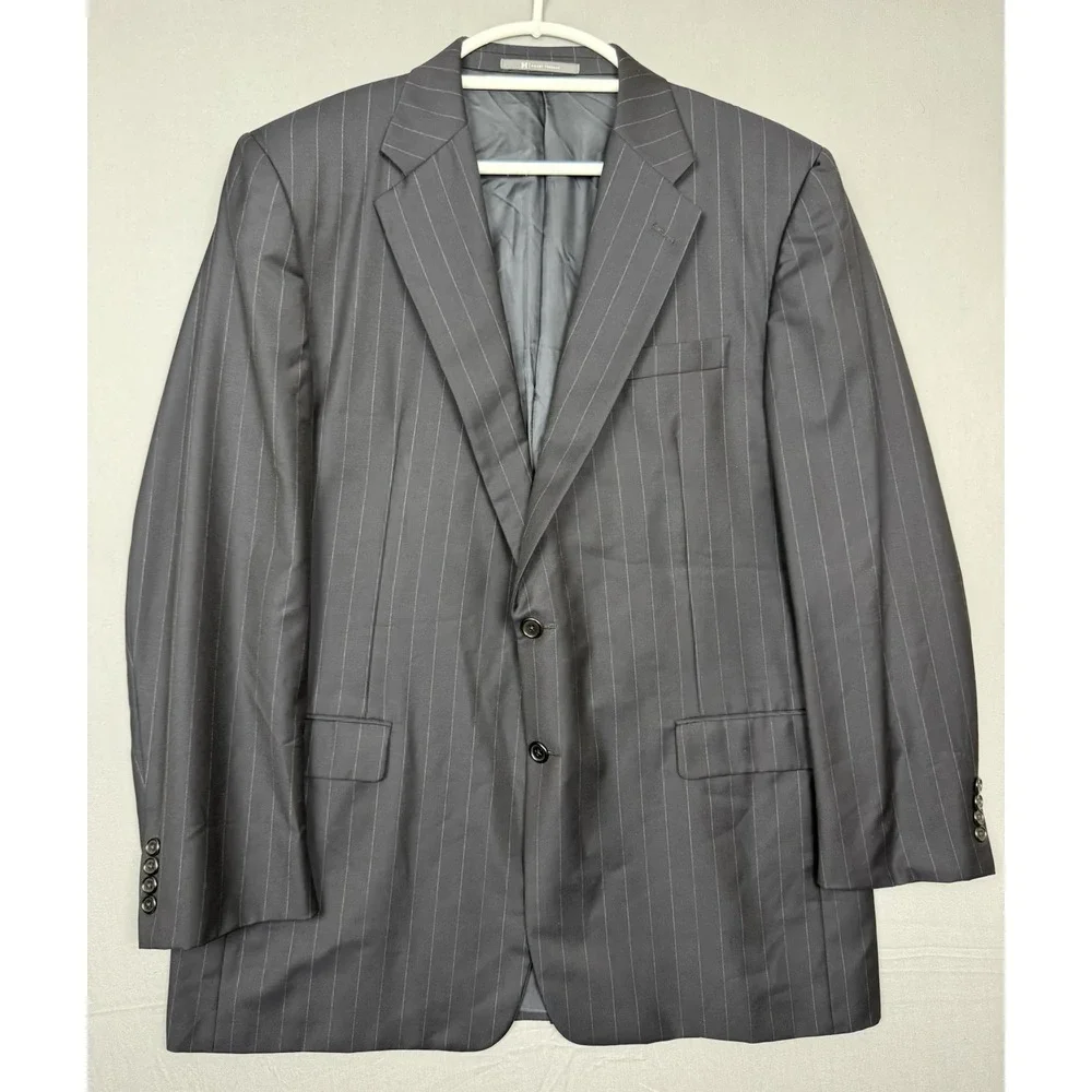 Vintage Hickey Freeman Black Wool Suit Blazer Mens‎ 46L Sport Coat Pinstripe 90s